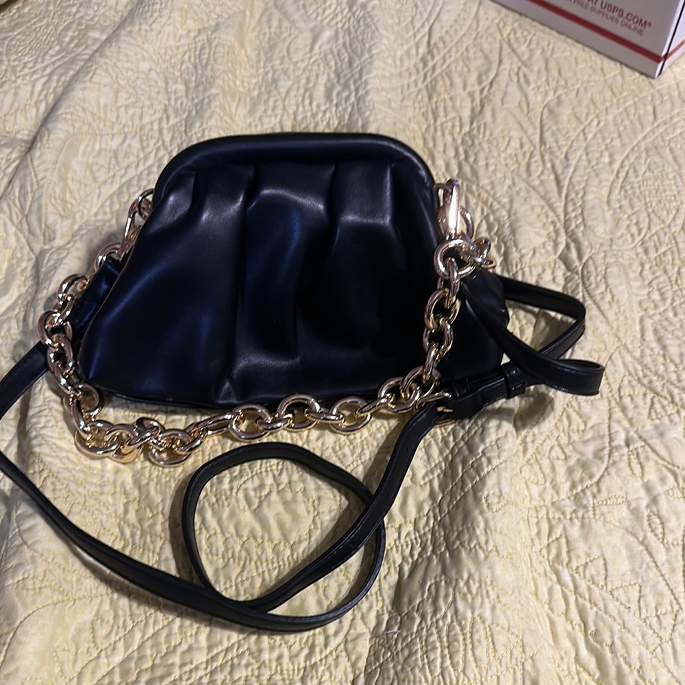 Madison West Black Crossbody Bag with removable gold chain strap Detailing